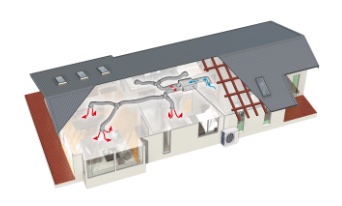 Computer generated image of the layout of a residential house fitted with a ducted air conditioning system.