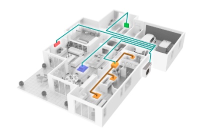 Computer generated image of the layout of a residential house fitted with a multi-room heat pump system.